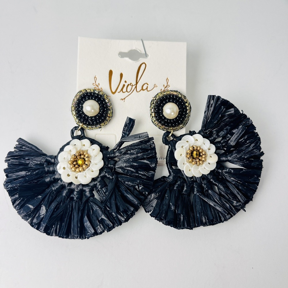 Viola Beaded Stone Raffia Straw Dangle Earrings Flowers Black Sequin‎ Beaded